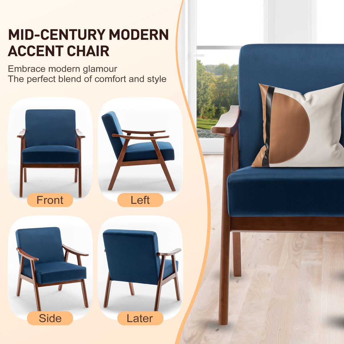 Mid Century Modern Accent Chair With Solid Wood Frame