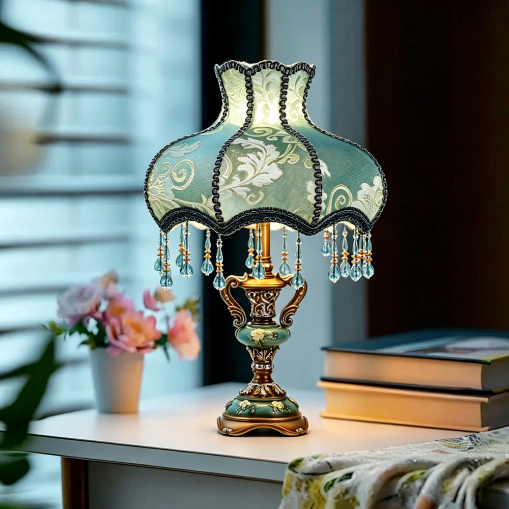 Victorian Floral Table Lamp – Lace Lampshade & Beaded Fringe, Antique Bedside Night Light