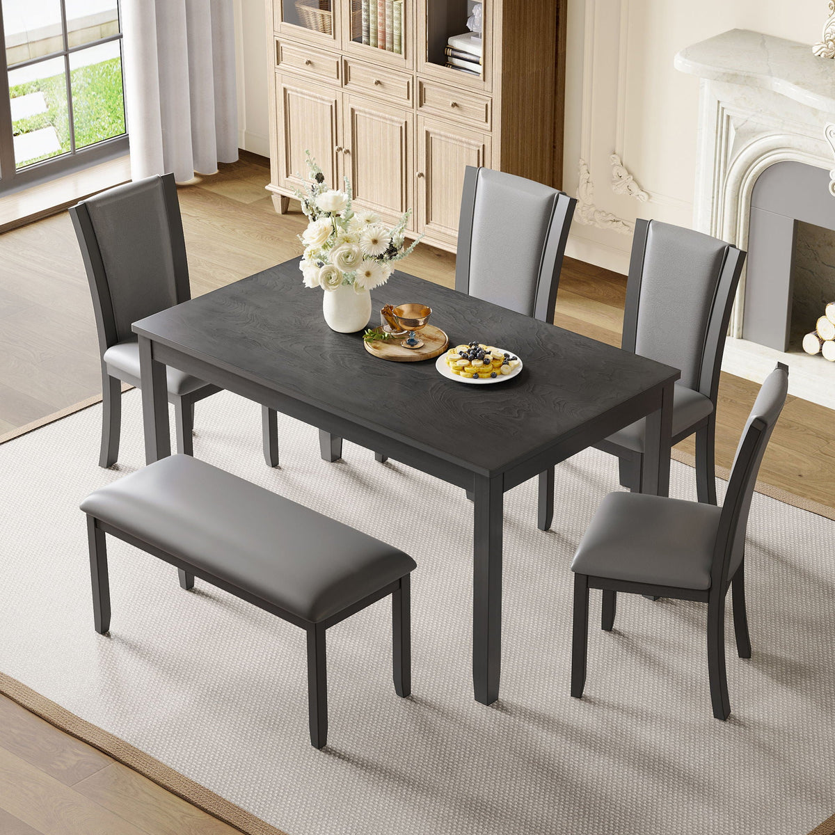 Modern 6 Piece Dining Table Set With Bench And Chairs For Dining Room - Gray