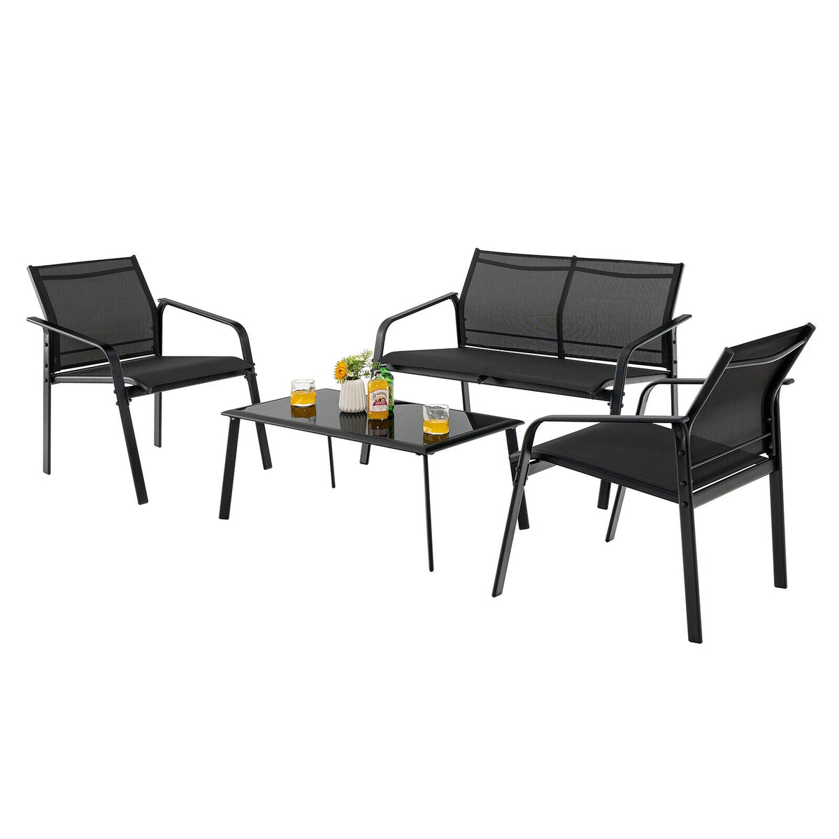 4 Pieces Patio Set with Armrest Loveseat Sofas and Glass Table Deck