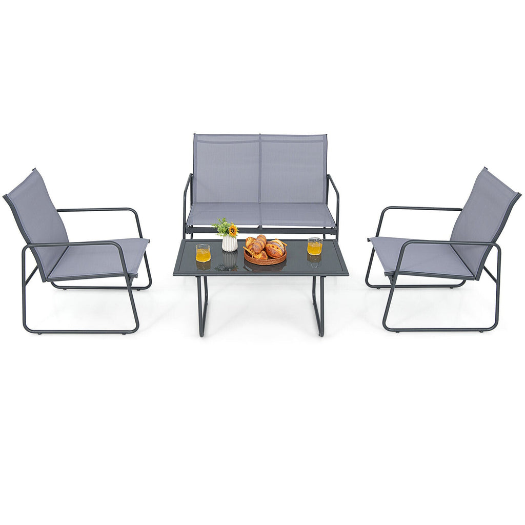 4 Pieces of Metal Patio Set with Tempered Glass Coffee Table
