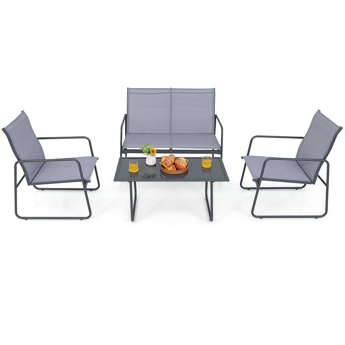 4 Pieces of Metal Patio Set with Tempered Glass Coffee Table