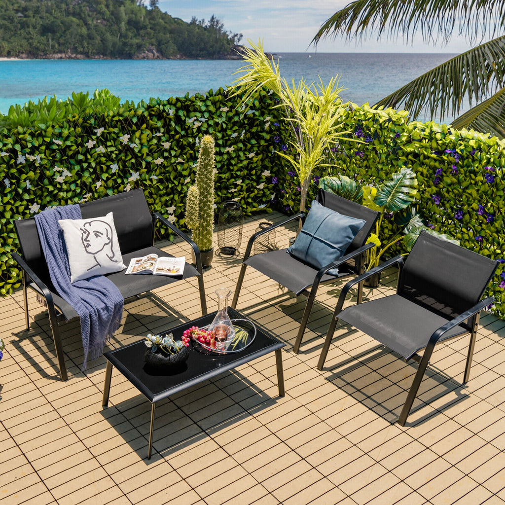 4 Pieces Patio Set with Armrest Loveseat Sofas and Glass Table Deck