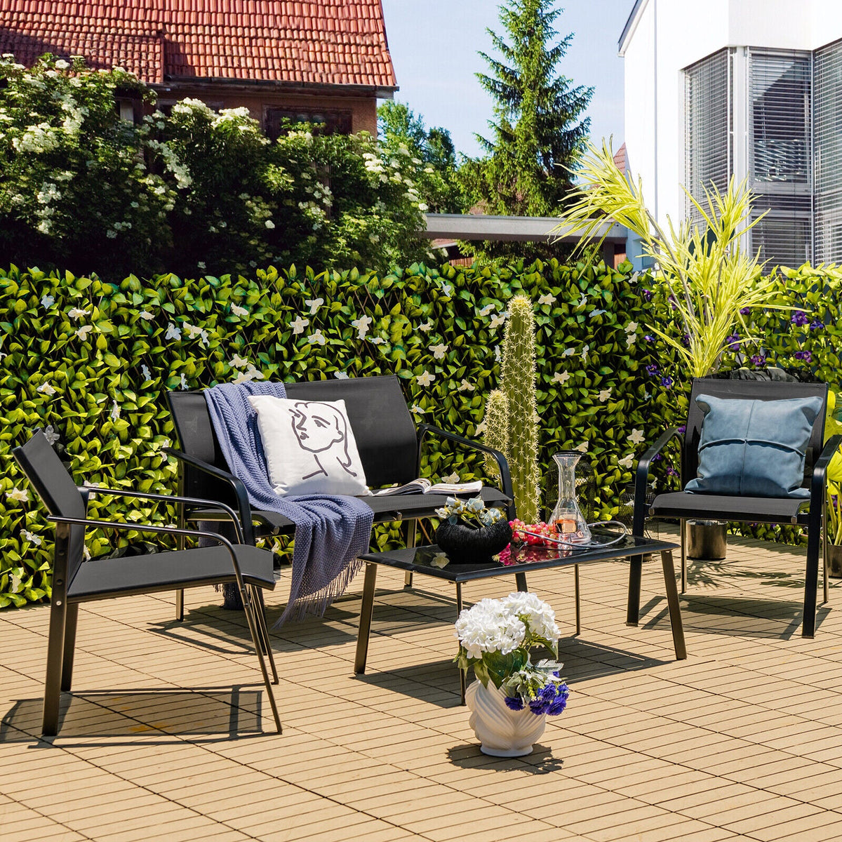 4 Pieces Patio Set with Armrest Loveseat Sofas and Glass Table Deck
