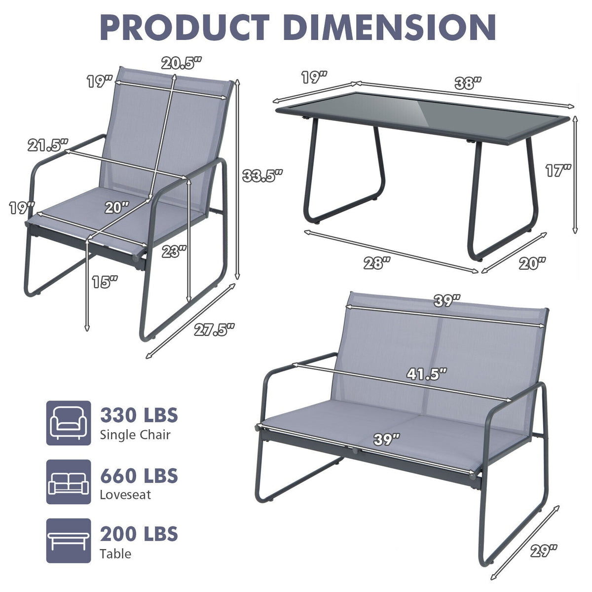 4 Pieces of Metal Patio Set with Tempered Glass Coffee Table