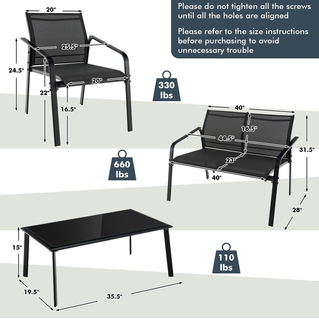 4 Pieces Patio Set with Armrest Loveseat Sofas and Glass Table Deck