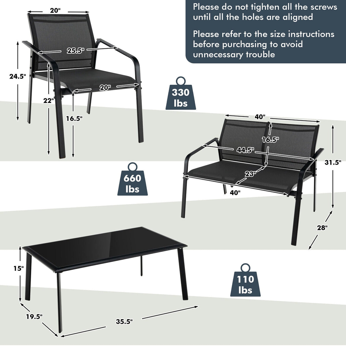 4 Pieces Patio Set with Armrest Loveseat Sofas and Glass Table Deck