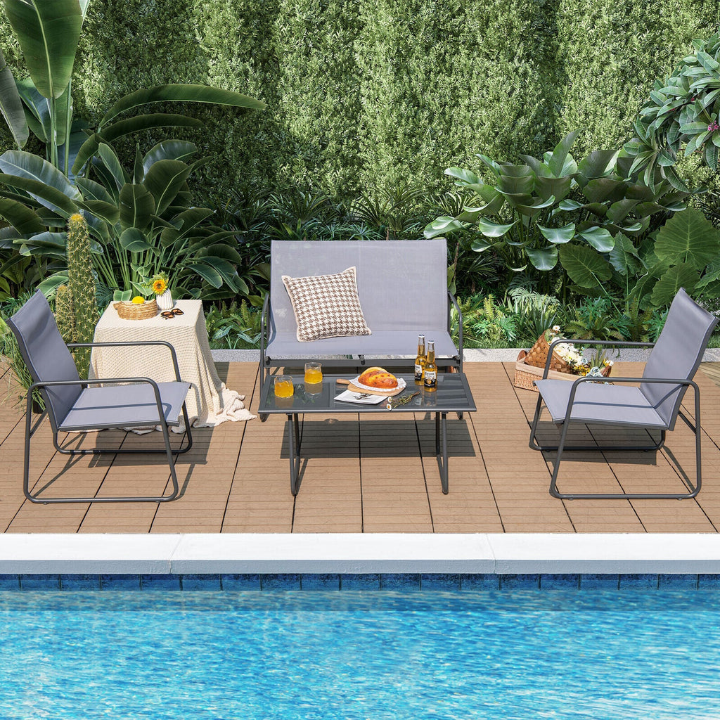 4 Pieces of Metal Patio Set with Tempered Glass Coffee Table