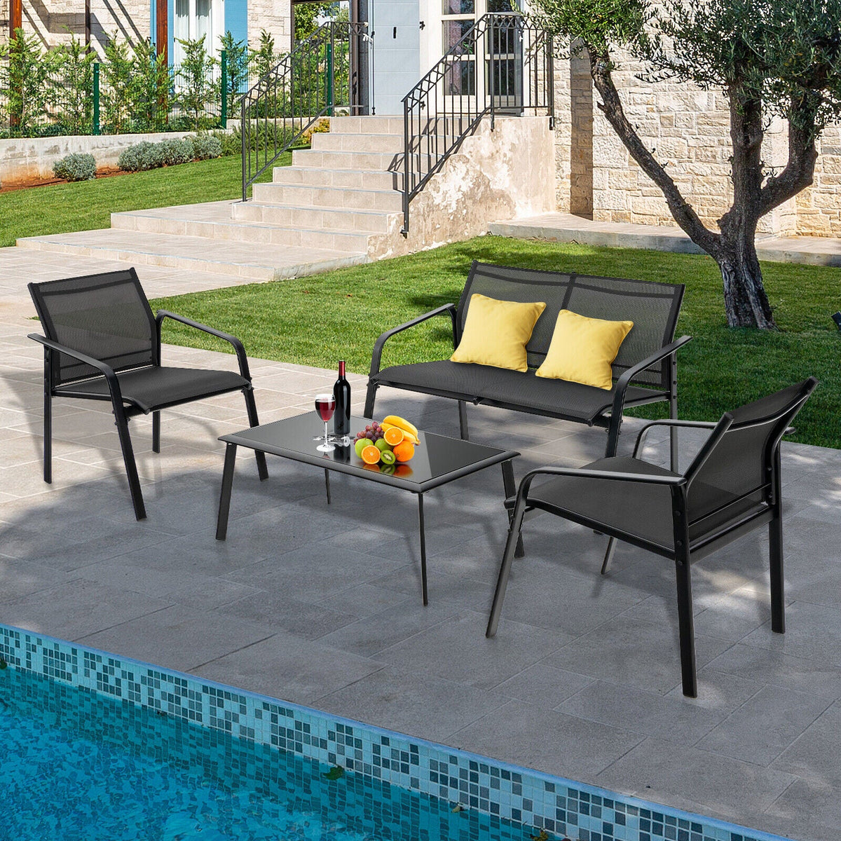 4 Pieces Patio Set with Armrest Loveseat Sofas and Glass Table Deck