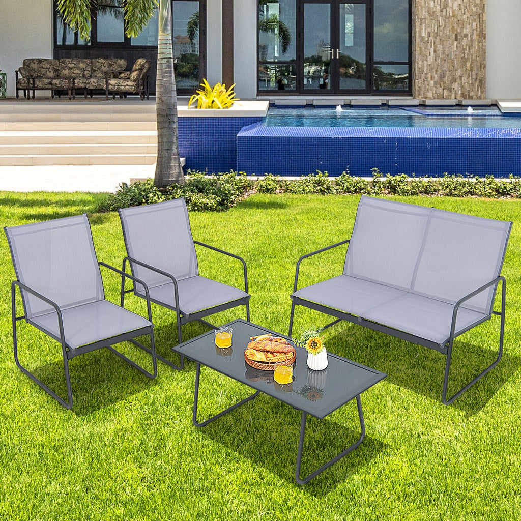 4 Pieces of Metal Patio Set with Tempered Glass Coffee Table