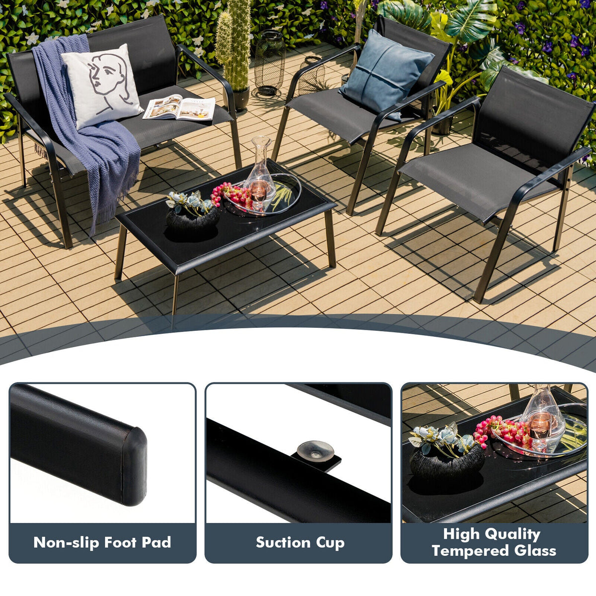 4 Pieces Patio Set with Armrest Loveseat Sofas and Glass Table Deck