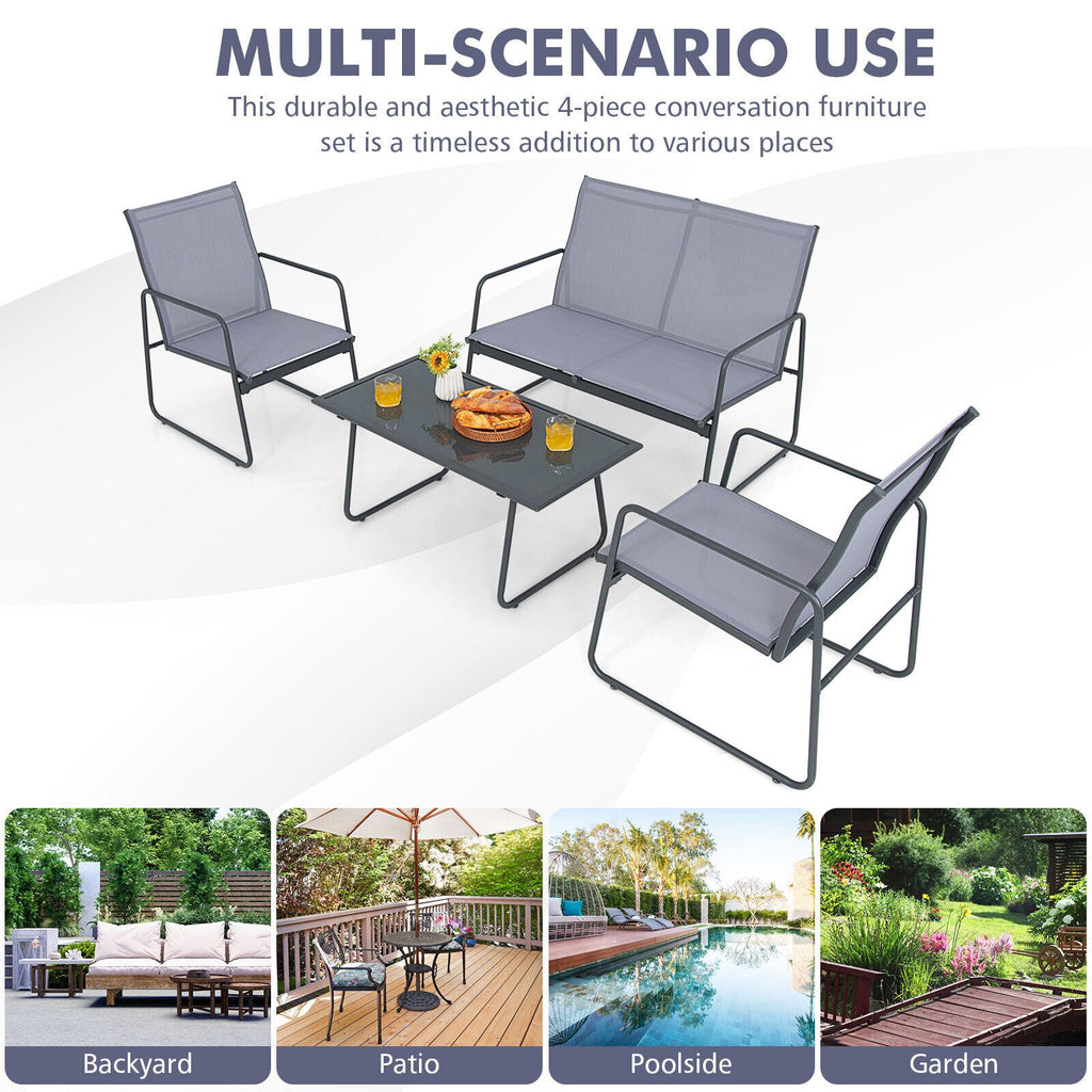 4 Pieces of Metal Patio Set with Tempered Glass Coffee Table