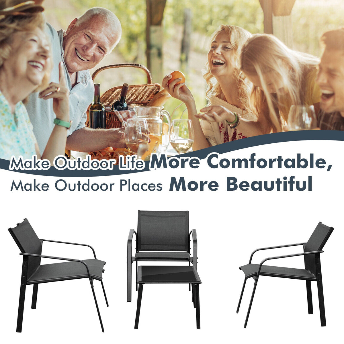 4 Pieces Patio Set with Armrest Loveseat Sofas and Glass Table Deck