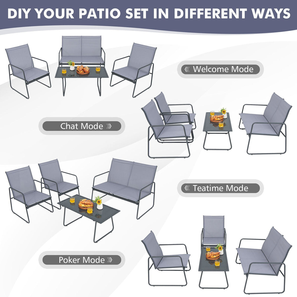 4 Pieces of Metal Patio Set with Tempered Glass Coffee Table