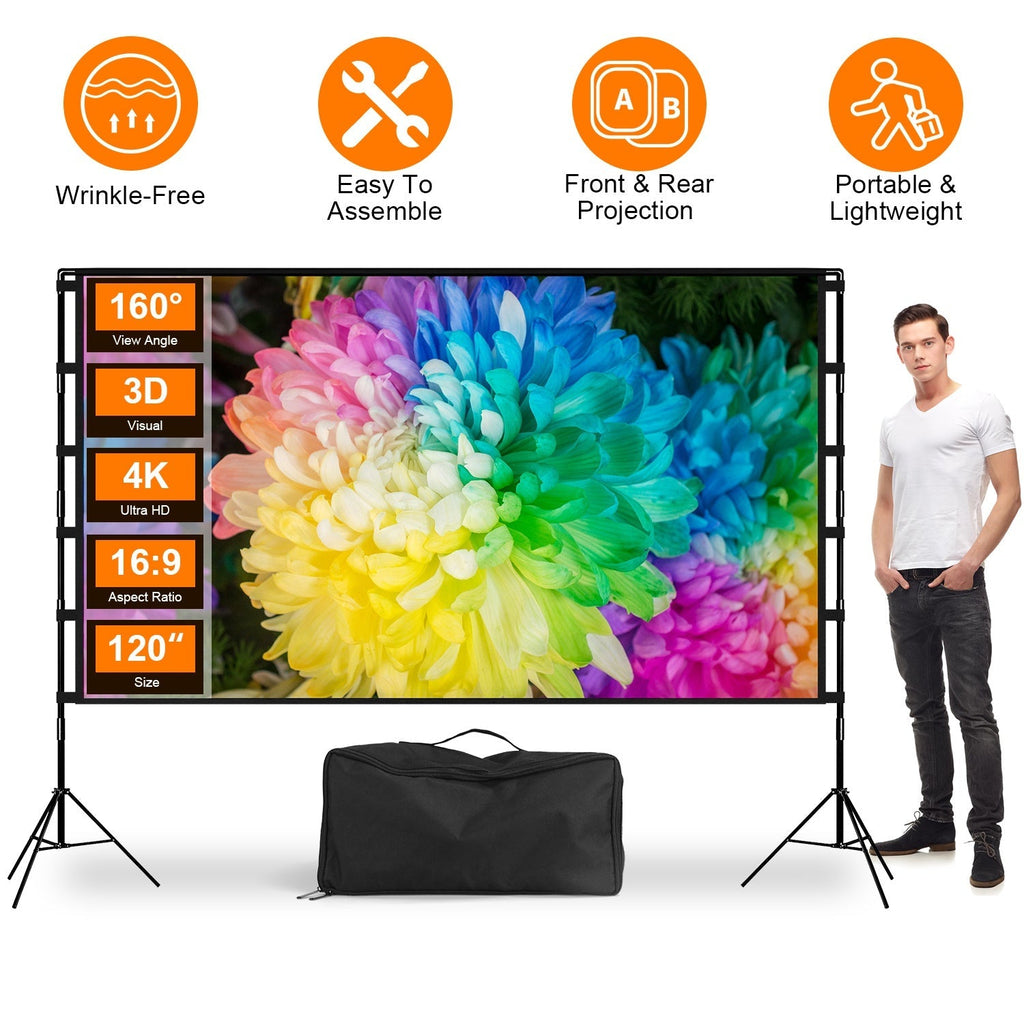 120inch Projector Screen with Stand 16:9 4K HD Rear Front Wrinkle-Free Movie Screen