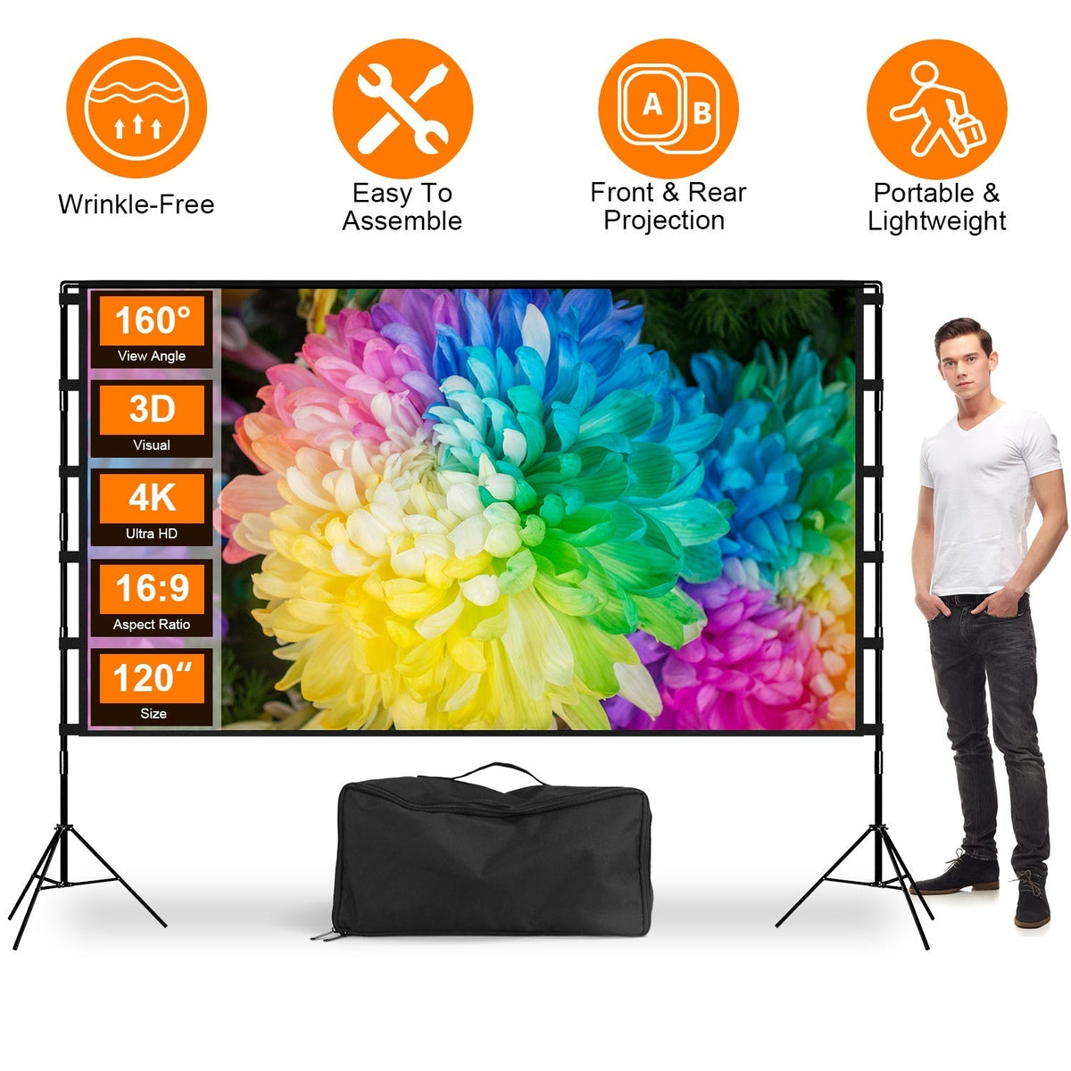 120inch Projector Screen with Stand 16:9 4K HD Rear Front Wrinkle-Free Movie Screen
