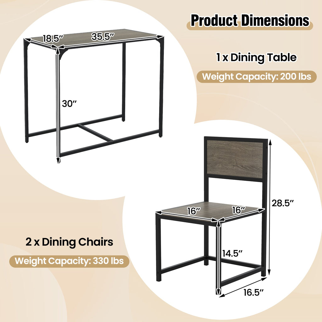 3 Pcs Dining Set Compact Table and 2 Chair with Metal Frame