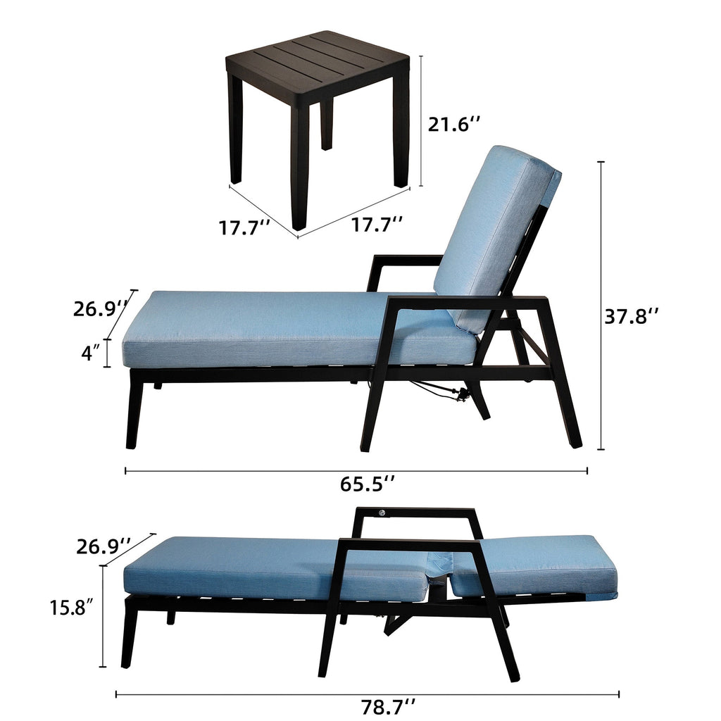 3PC Aluminum Patio Furniture Chaise Lounge Set 2 Chaise & 1 End Table