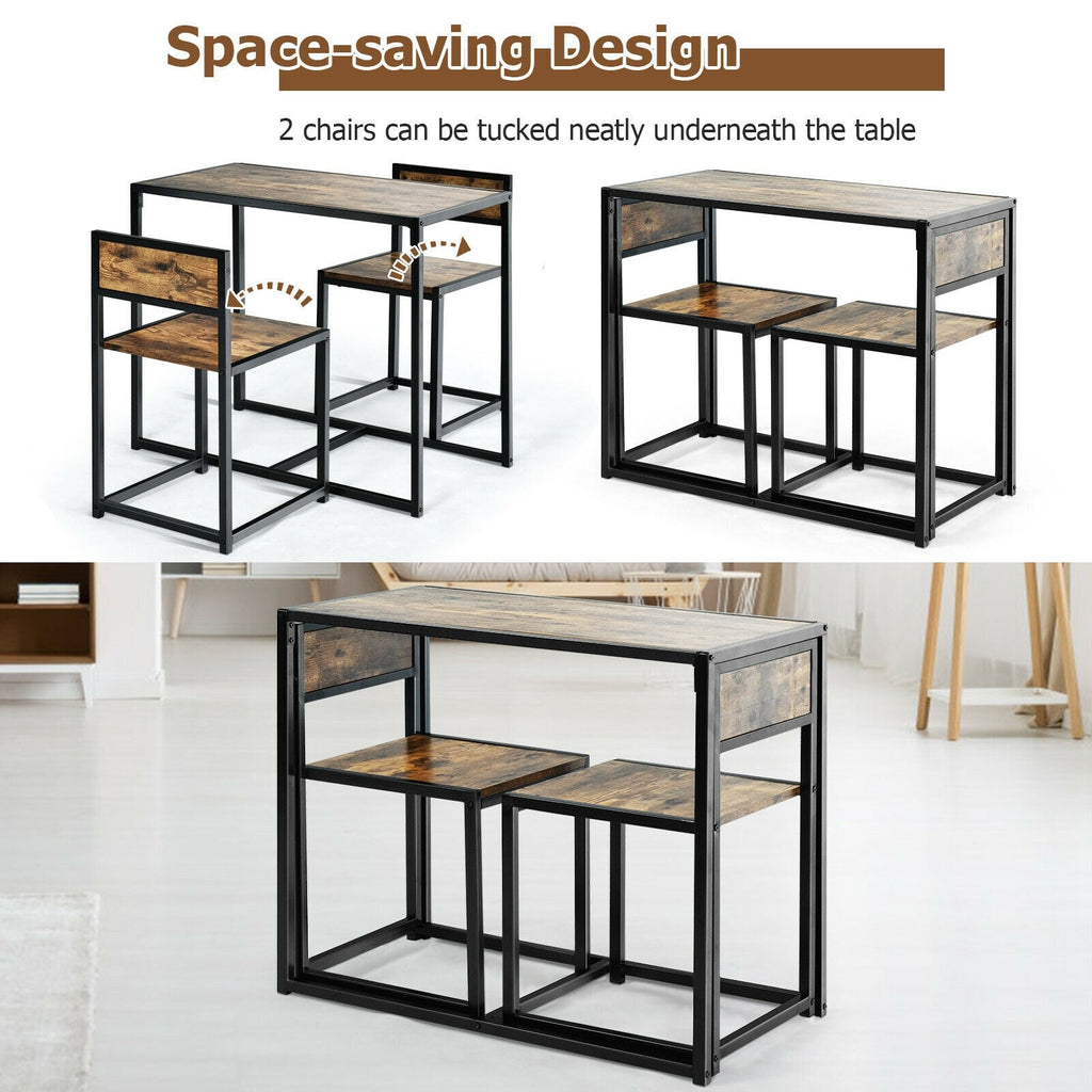 3 Pcs Dining Set Compact Table and 2 Chair with Metal Frame