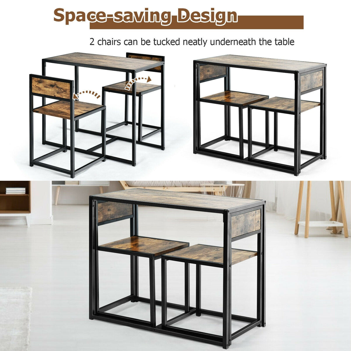 3 Pcs Dining Set Compact Table and 2 Chair with Metal Frame