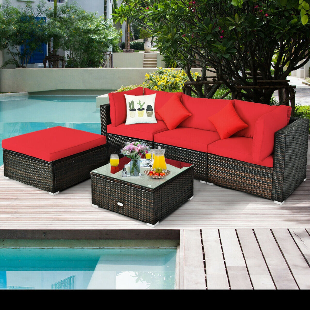 5 Pcs Patio Rattan Furniture Set, Sectional Navy Cushions-Turquoise