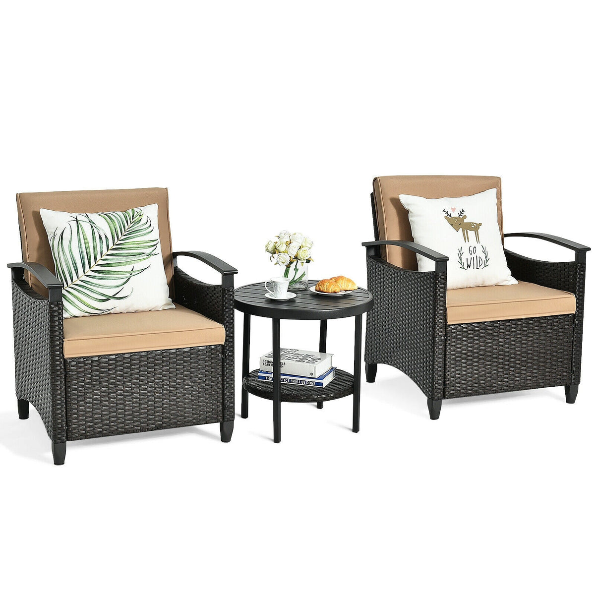 3 Pieces Patio Rattan Set Cushioned Sofa Storage Table with Shelf