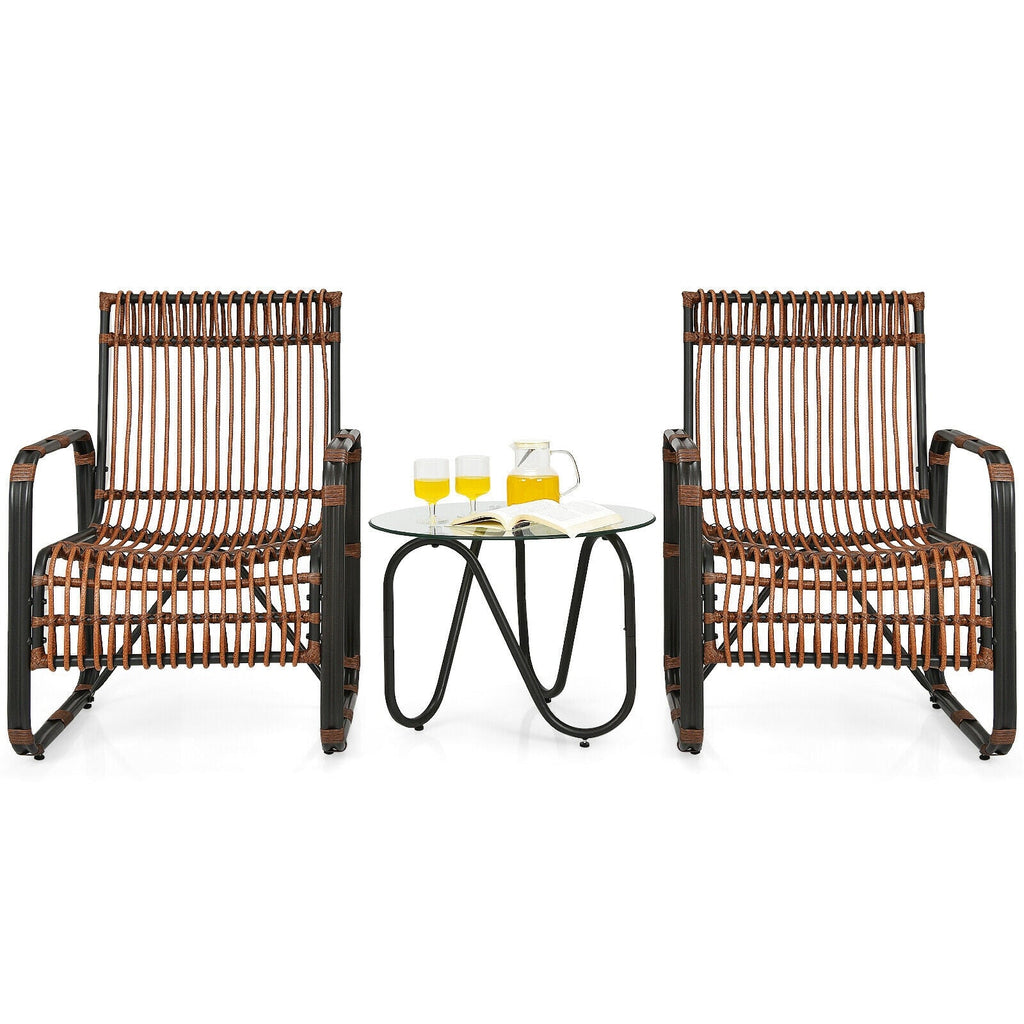 3 Pieces Patio Rattan Set with 2 Single Wicker Chairs and Glass Side Table
