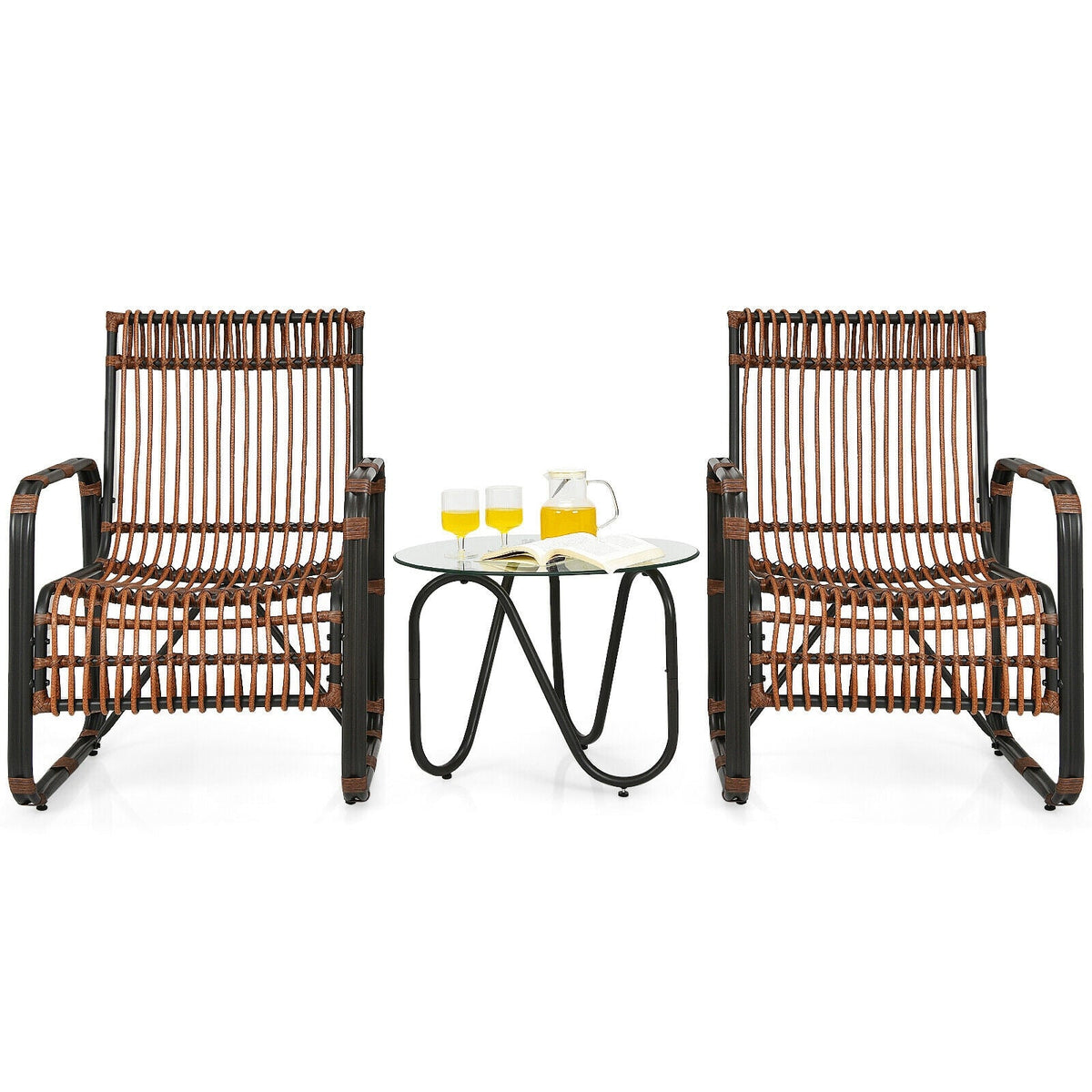 3 Pieces Patio Rattan Set with 2 Single Wicker Chairs and Glass Side Table