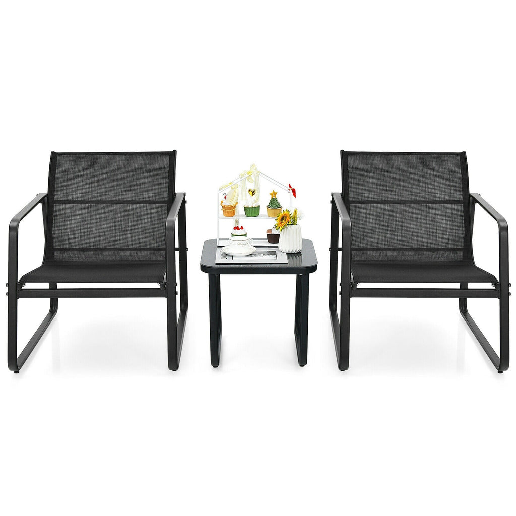 3 Pieces Patio Set with Glass Top Table Garden Deck-Black