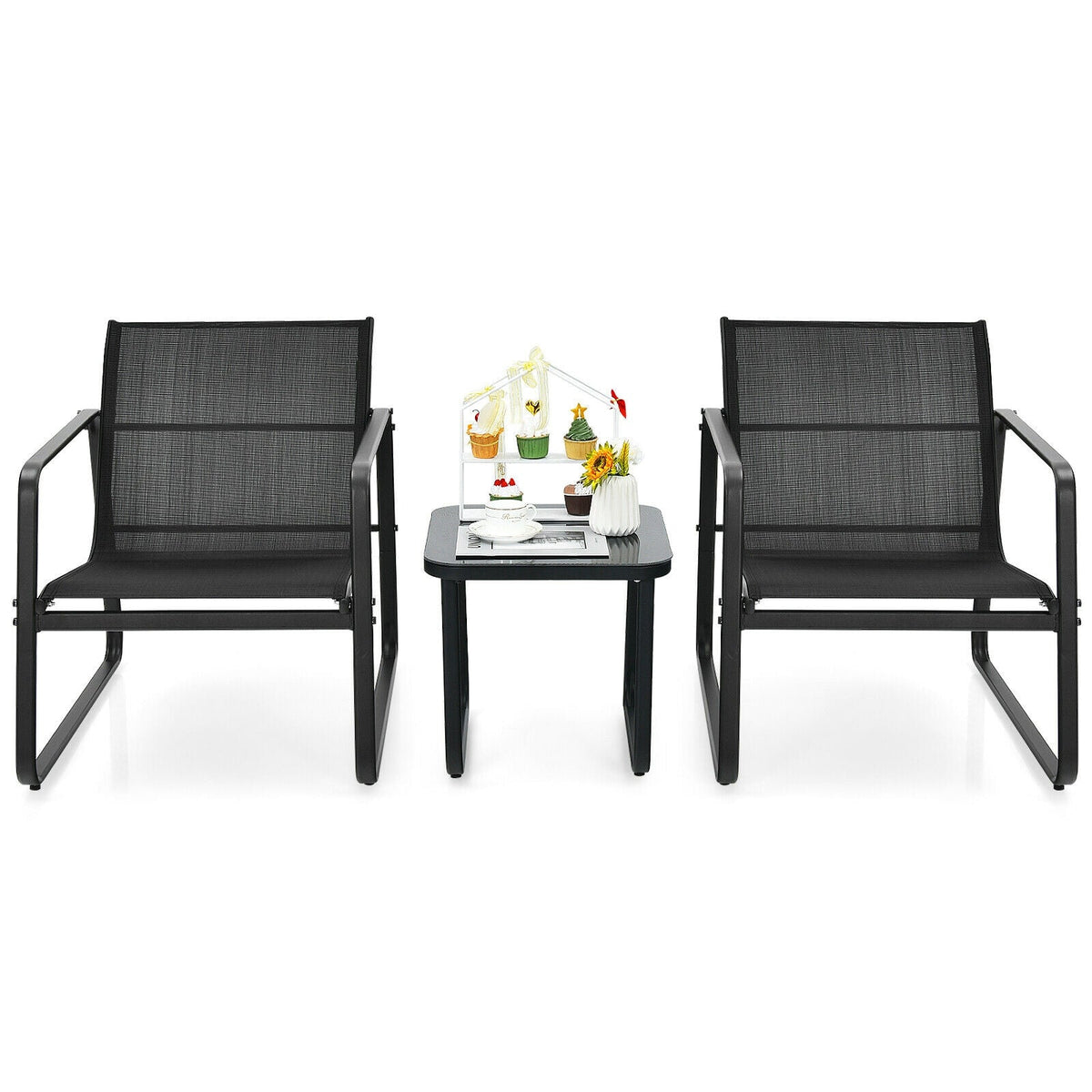 3 Pieces Patio Set with Glass Top Table Garden Deck-Black