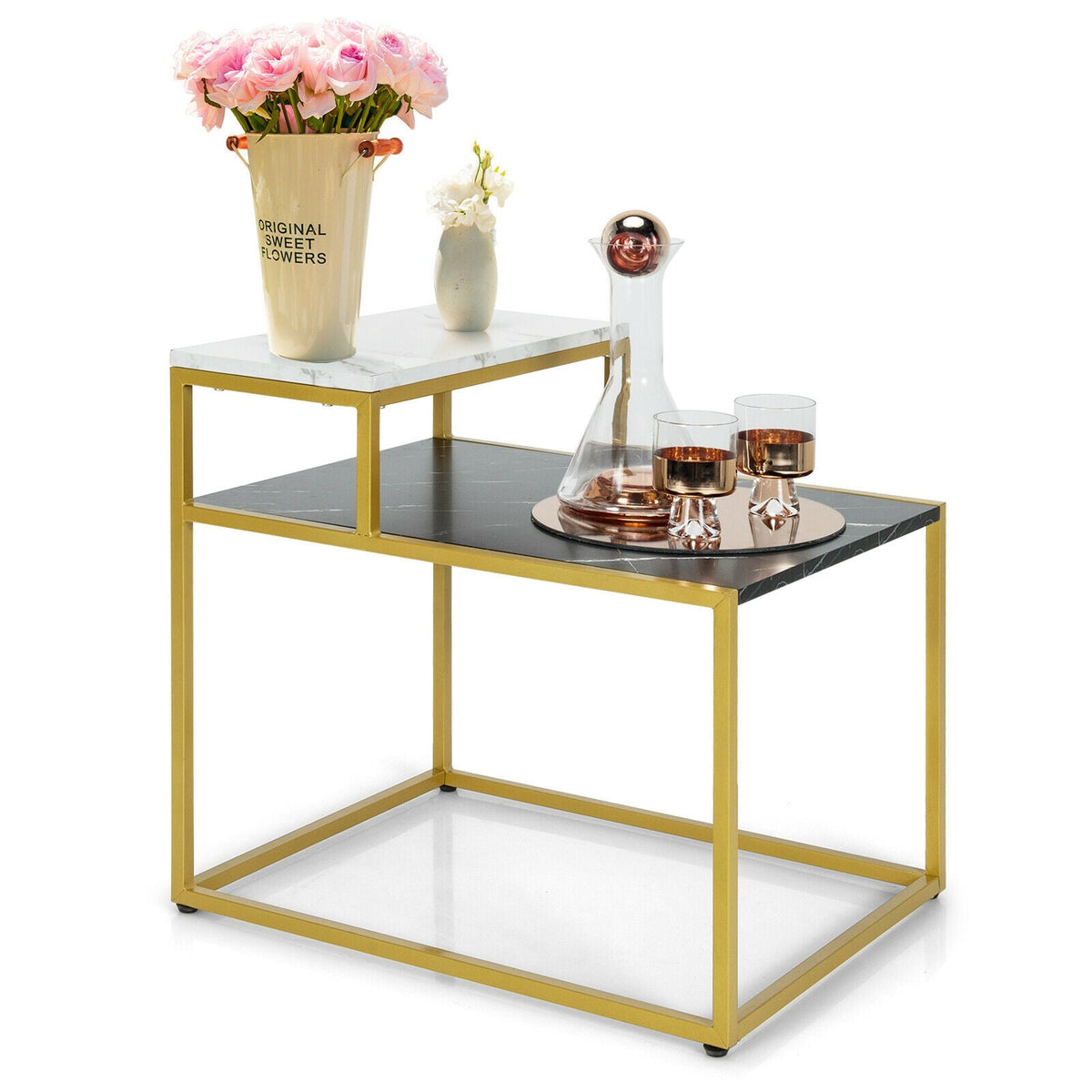 2 Tier End Side Table with  Metal Frame and Storage Shelf