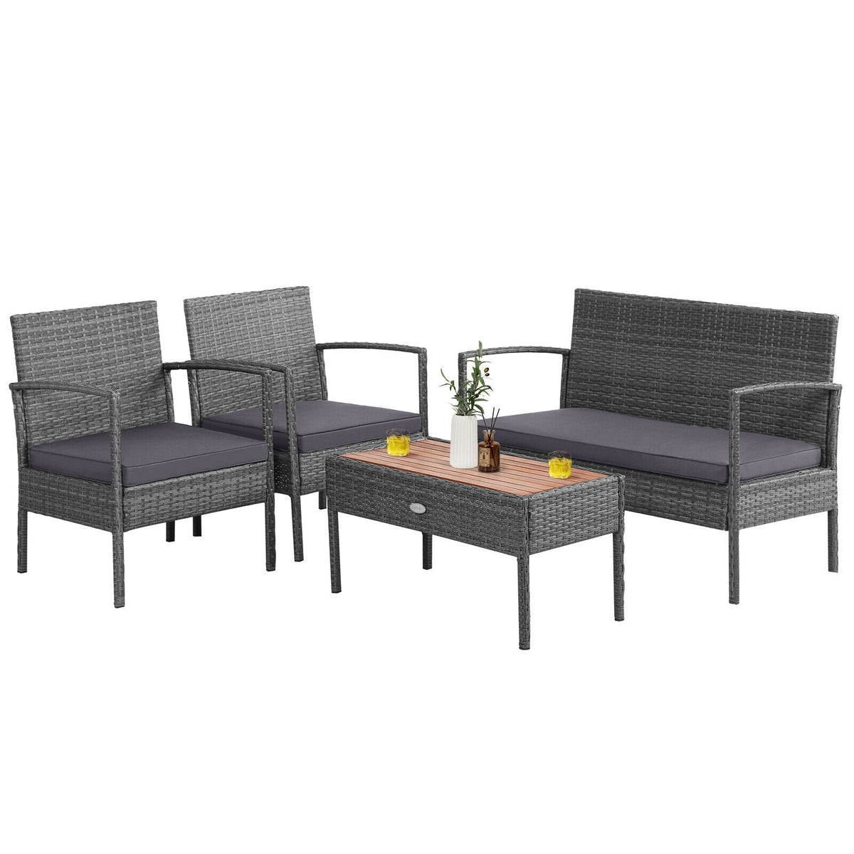 4 Pieces Rattan Patio Conversation Set with Acacia Wood Tabletop