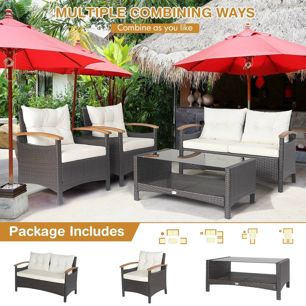 4 Pieces Patio Rattan Set with Cushioned Sofa and Storage Table