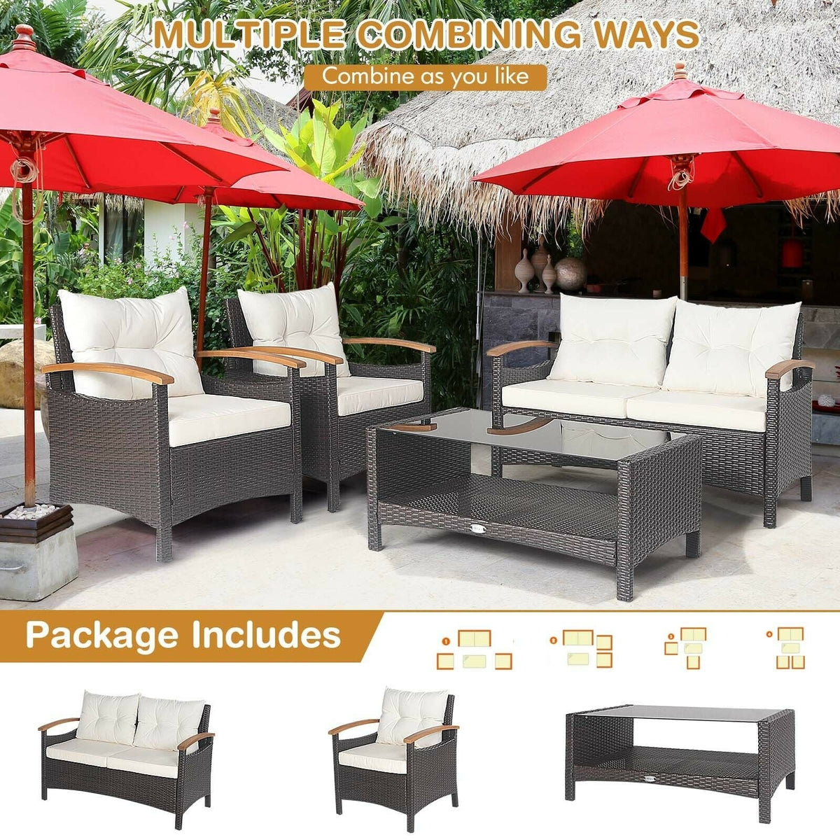 4 Pieces Patio Rattan Set with Cushioned Sofa and Storage Table