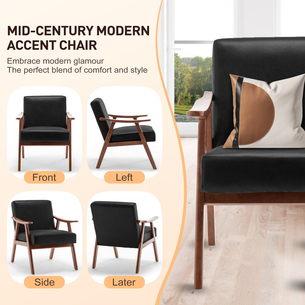 Mid Century Modern Accent Chair With Solid Wood Frame