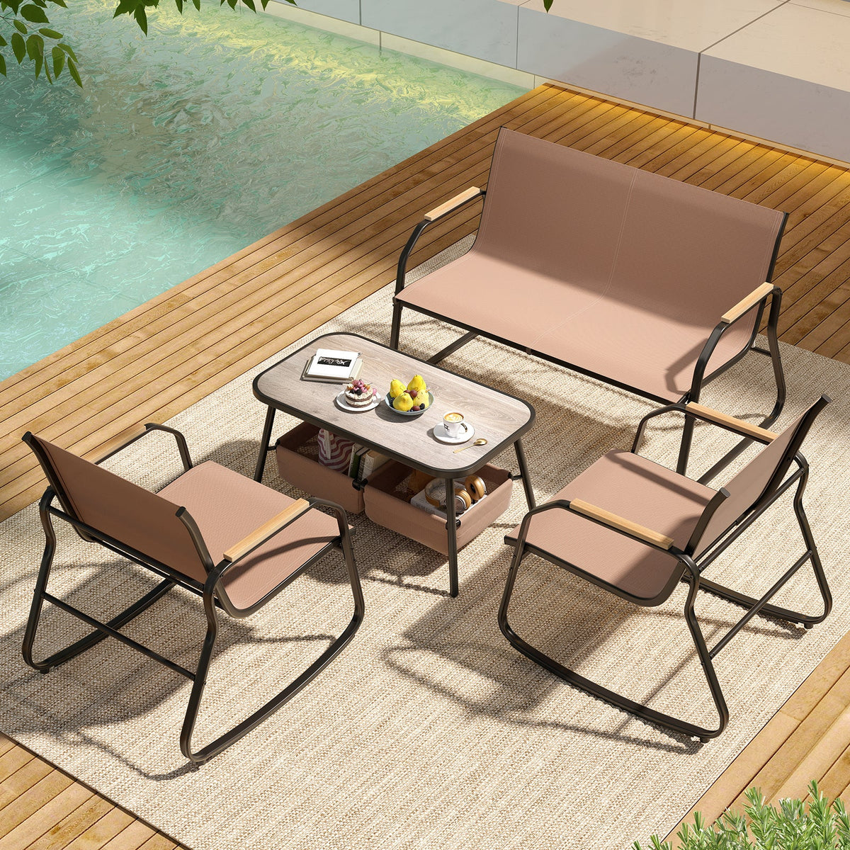 4 Pieces Patio Set with Rocking Bistro Chairs and Breathable Mesh Fabric-Coffee