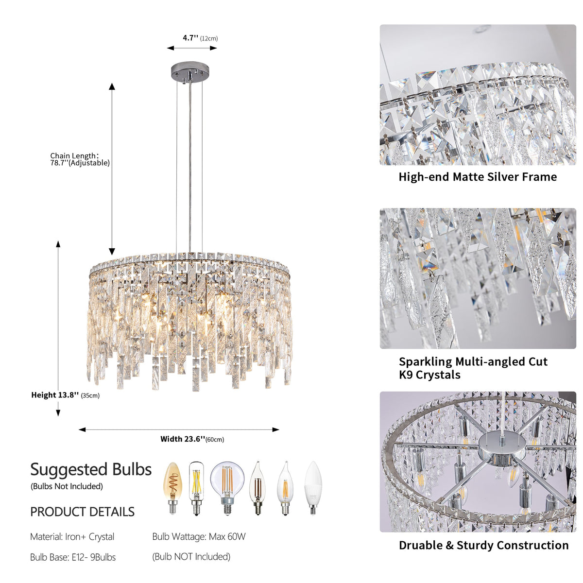Deluxe round silver crystal chandelier