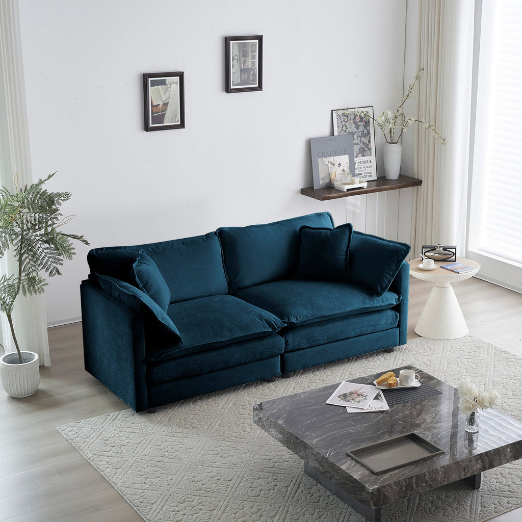 Modern Fabric Loveseat, Large Size Deep 2-Seat Sofa with 4 Pillows ,Blue Chenille