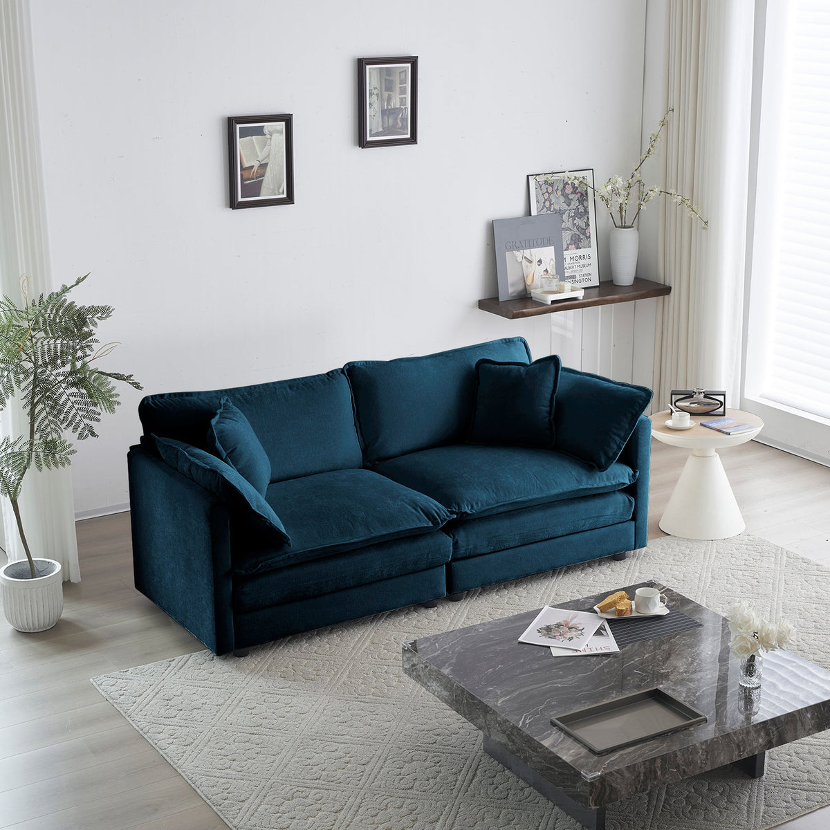 Modern Fabric Loveseat, Large Size Deep 2-Seat Sofa with 4 Pillows ,Blue Chenille