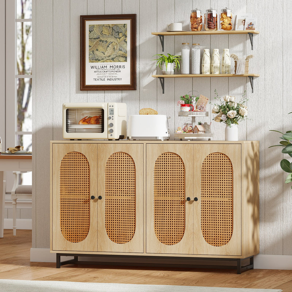 50 Inch Buffet Sideboard Cabinet with 4 Rattan Doors