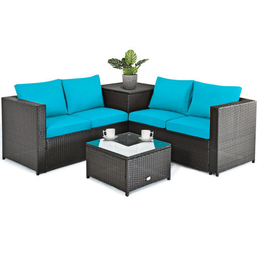 4 Pieces Outdoor Patio Rattan Set, Cushioned Loveseat and Storage Box