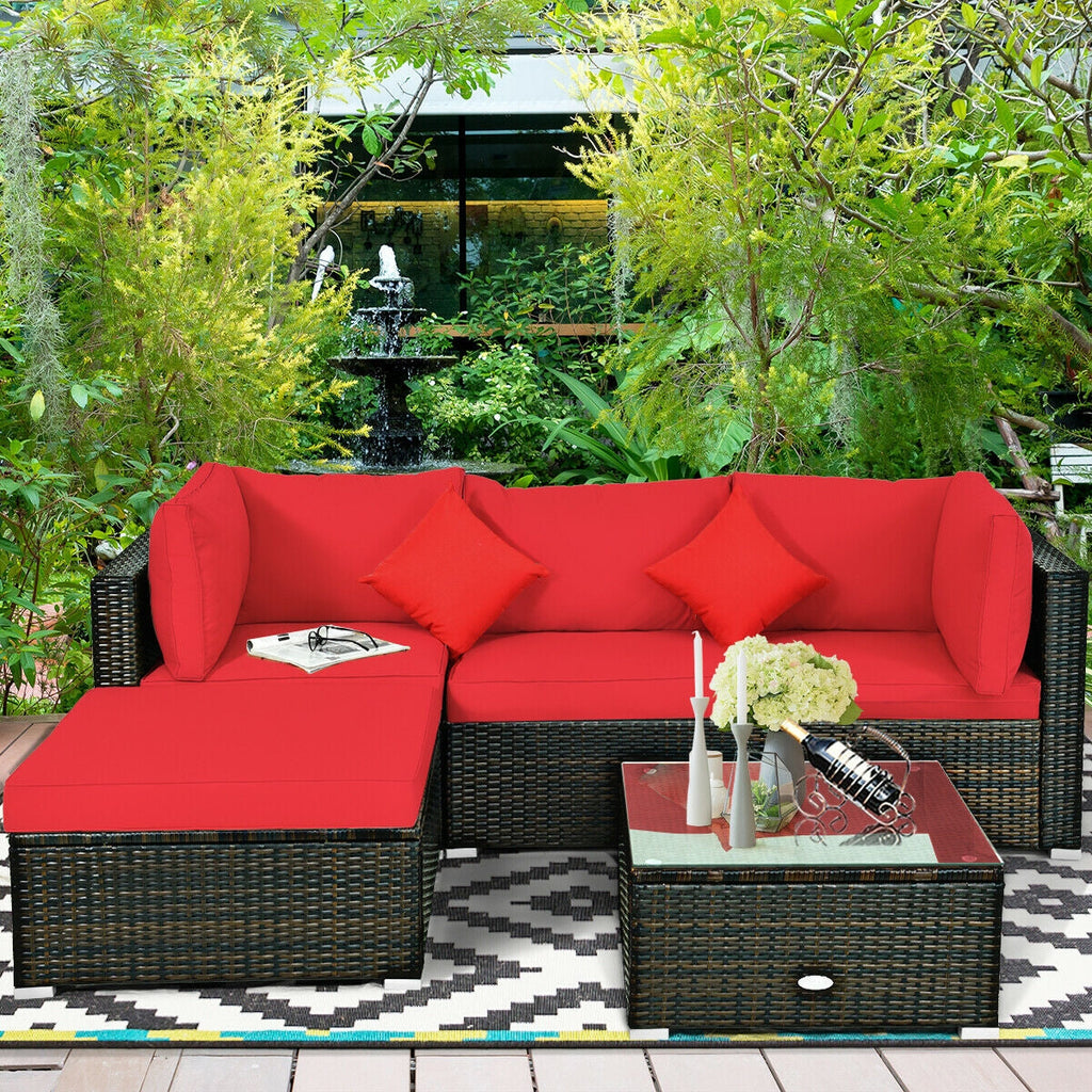 5 Pcs Patio Rattan Furniture Set, Sectional Navy Cushions-Turquoise