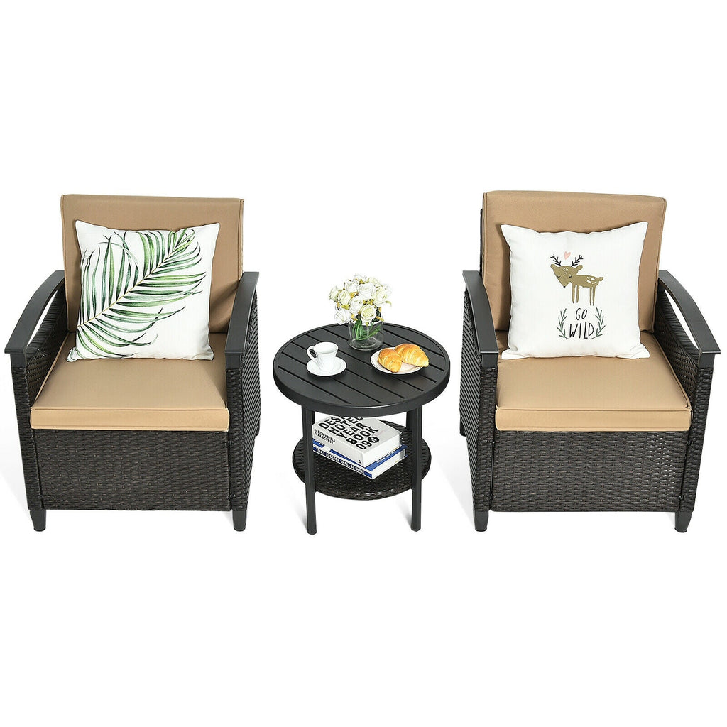 3 Pieces Patio Rattan Set Cushioned Sofa Storage Table with Shelf