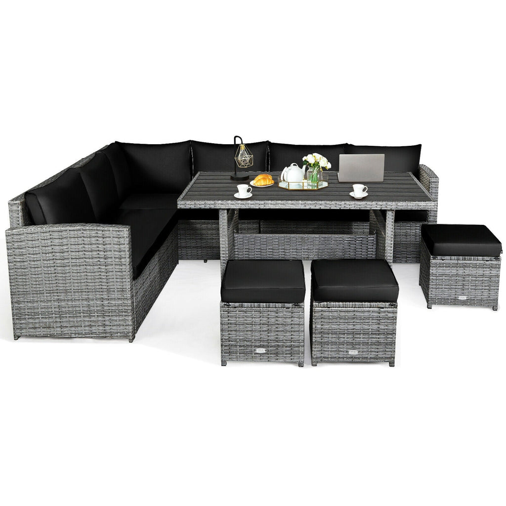 7 Pieces Patio Rattan Dining Sectional Sofa Set with Wicker Ottoman