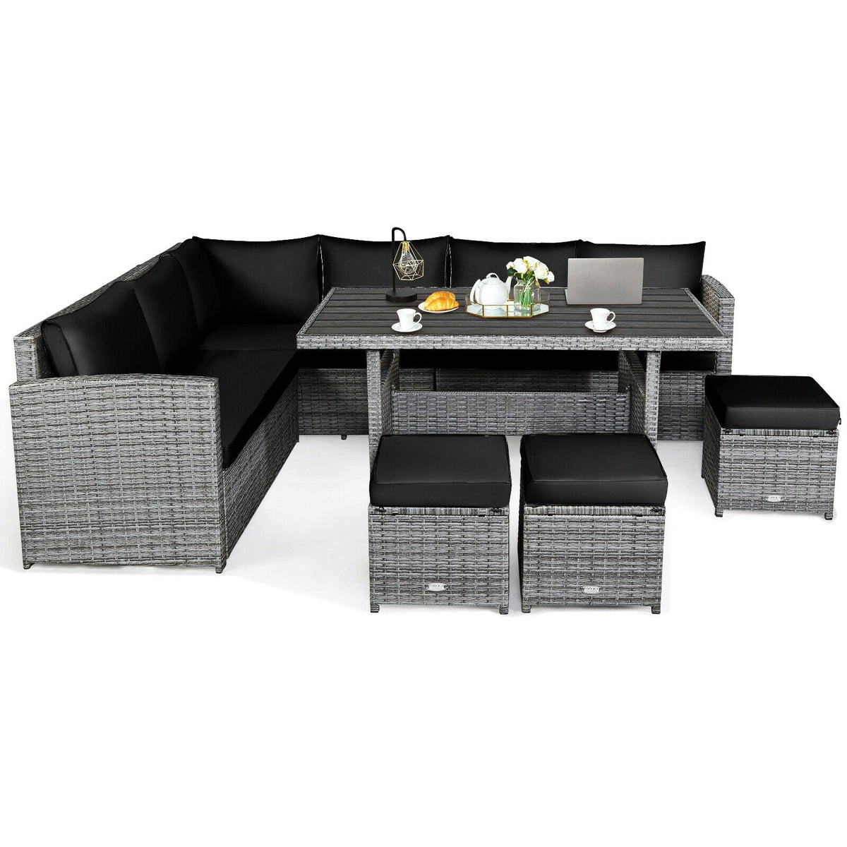 7 Pieces Patio Rattan Dining Sectional Sofa Set with Wicker Ottoman