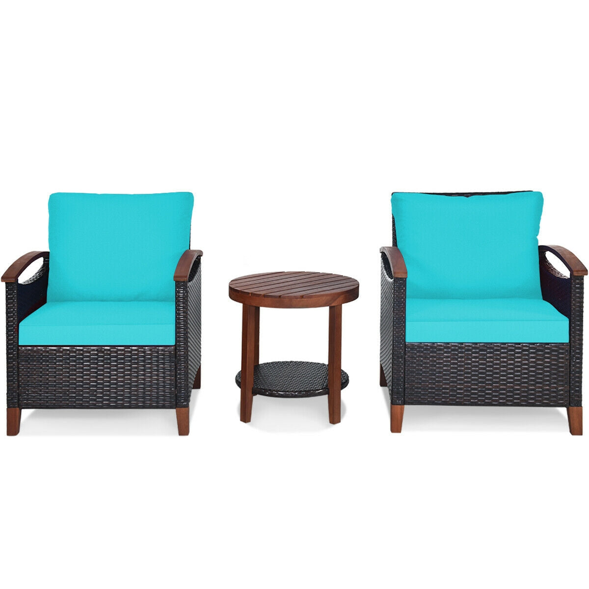 3 Pieces Patio Rattan Set with Washable Cushion and Acacia Tabletop