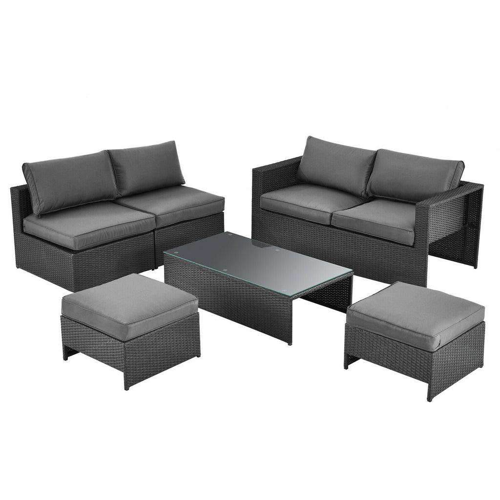 6 Pieces Patio Rattan Set with Glass Table and Cushioned Seat-Gray