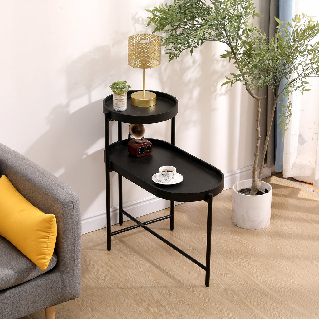 2-Tier Black Side Table with Storage