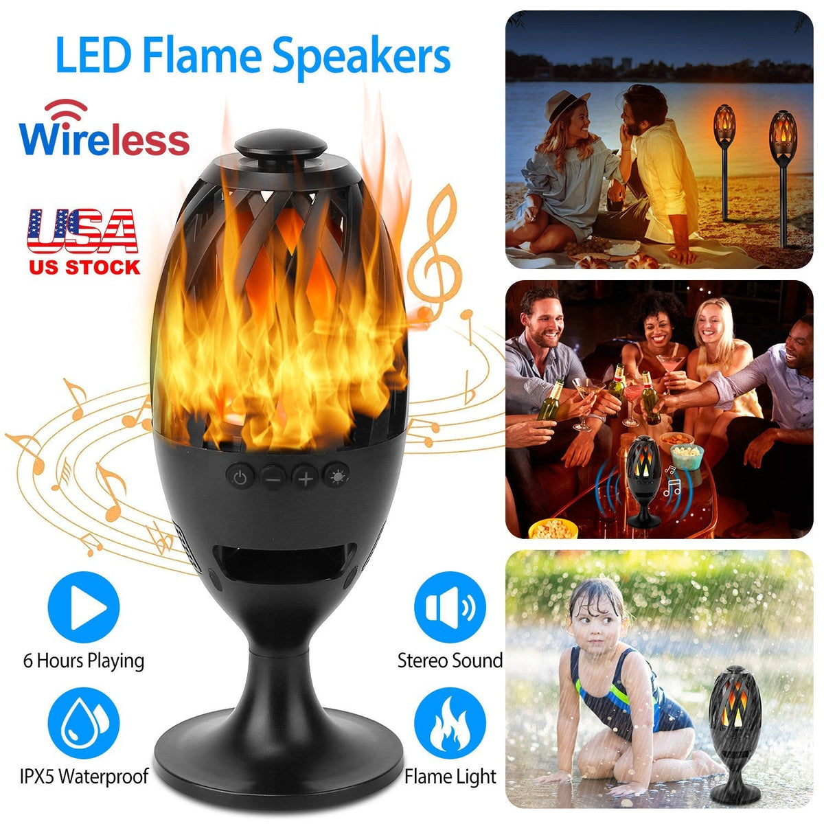 LED Flame Speakers Torch Wireless Speaker Waterproof Stereo Bass Speaker Outdoor
