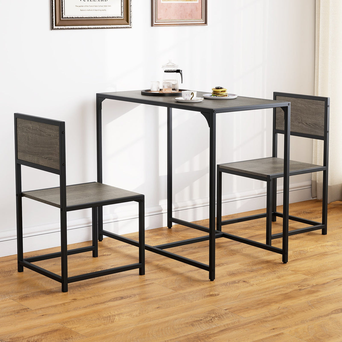 3 Pcs Dining Set Compact Table and 2 Chair with Metal Frame